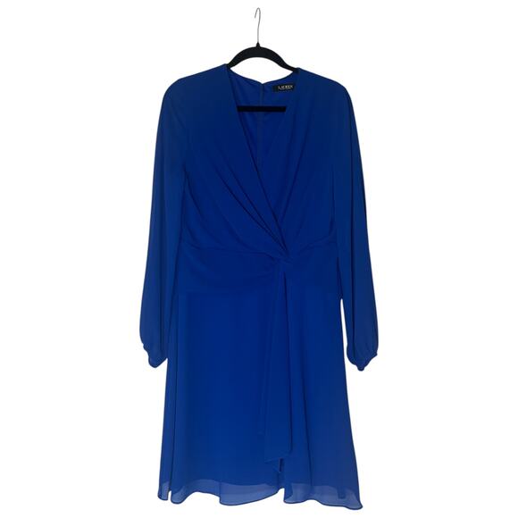 Lauren Ralph Lauren Rosslyn Twisted Front Balloon Long Sleeve Dress Royal Blue 6 - Picture 2 of 8